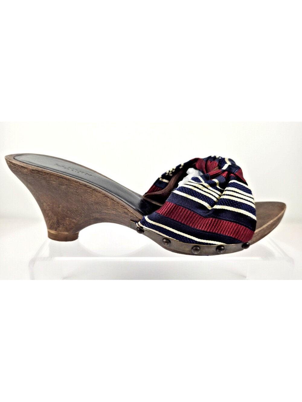 Dolce & Gabbana Striped Bow Wooden Wedge Slide Sandals